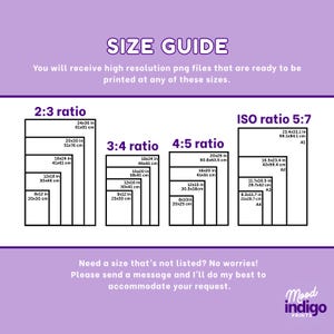 May include: A size guide chart with dimensions in inches and centimeters for various print ratios, including 2:3, 3:4, 4:5, and ISO 5:7. The chart includes sizes like 24x36 inches (61x91 cm) and 8x10 inches (20x25 cm).