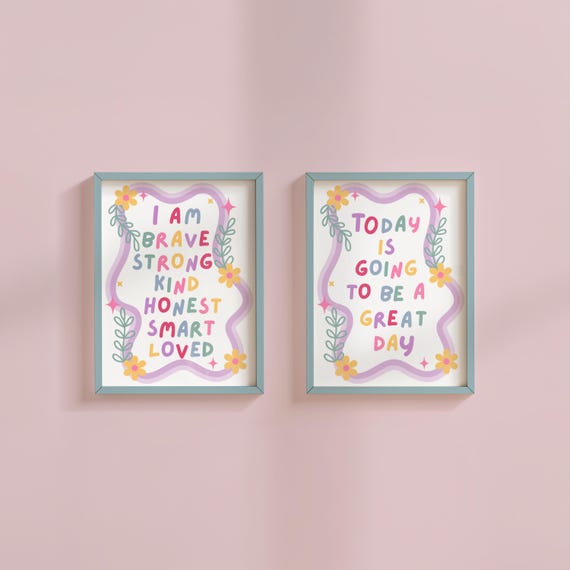 DAILY AFFIRMATIONS Set of 2, Childrens Positive Thinking Printable, Kids Bedroom Wall Art, Classroom Posters, Positive Mindset Reminders