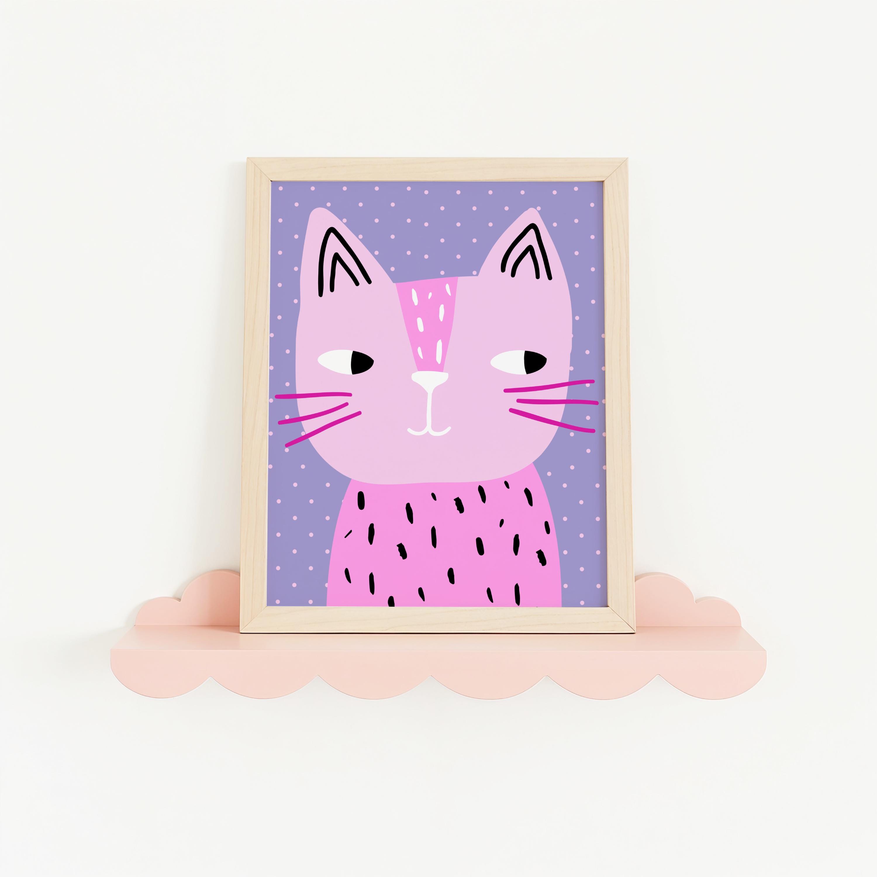 Pink Cat Printable Wall Art | Cute Cat Kids Room Decor | Whimsical ...