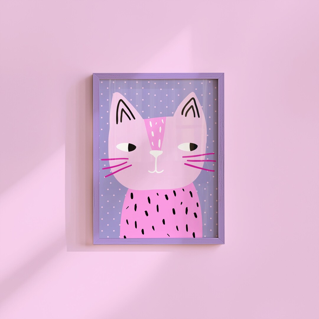 Pink Cat Printable Wall Art | Cute Cat Kids Room Decor | Whimsical ...