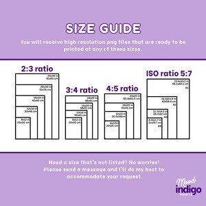 May include: A size guide chart with dimensions in inches and centimeters for various print ratios, including 2:3, 3:4, 4:5, and ISO 5:7. The chart includes sizes like 24x36 inches (61x91 cm) and 8x10 inches (20x25 cm). The text reads "SIZE GUIDE".