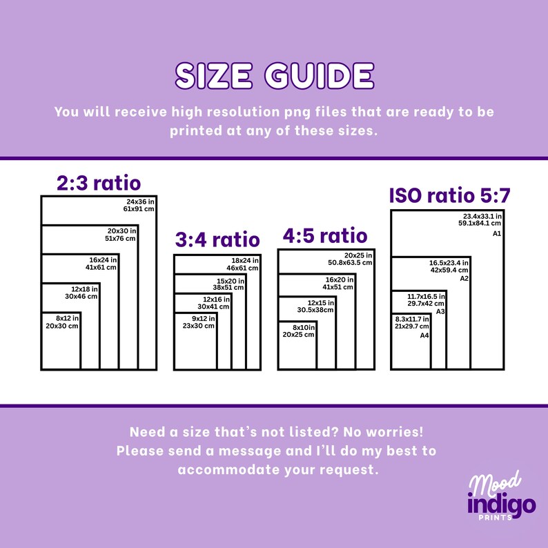 May include: A size guide chart with dimensions in inches and centimeters for various print ratios, including 2:3, 3:4, 4:5, and ISO 5:7. The chart includes sizes like 24x36 inches (61x91 cm) and 8x10 inches (20x25 cm). The text reads "SIZE GUIDE".
