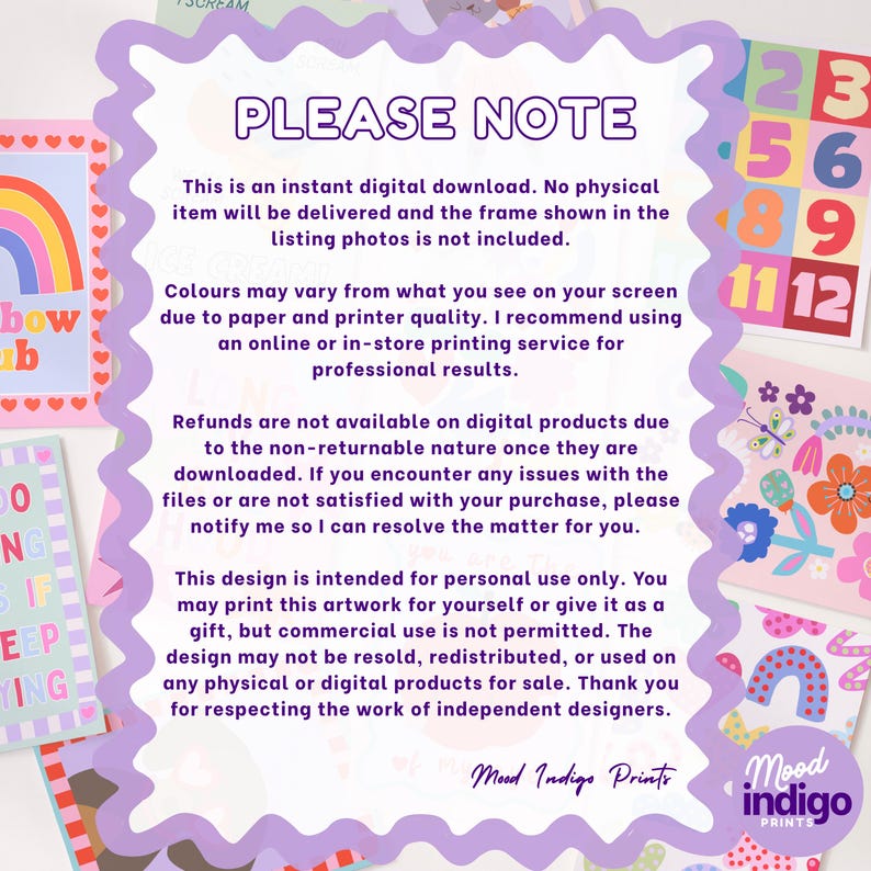 May include: A digital download print with a purple border and the text "PLEASE NOTE". The text explains the product is a digital download, color variations, and refund policies. Other prints with rainbows, numbers, and flowers are visible.