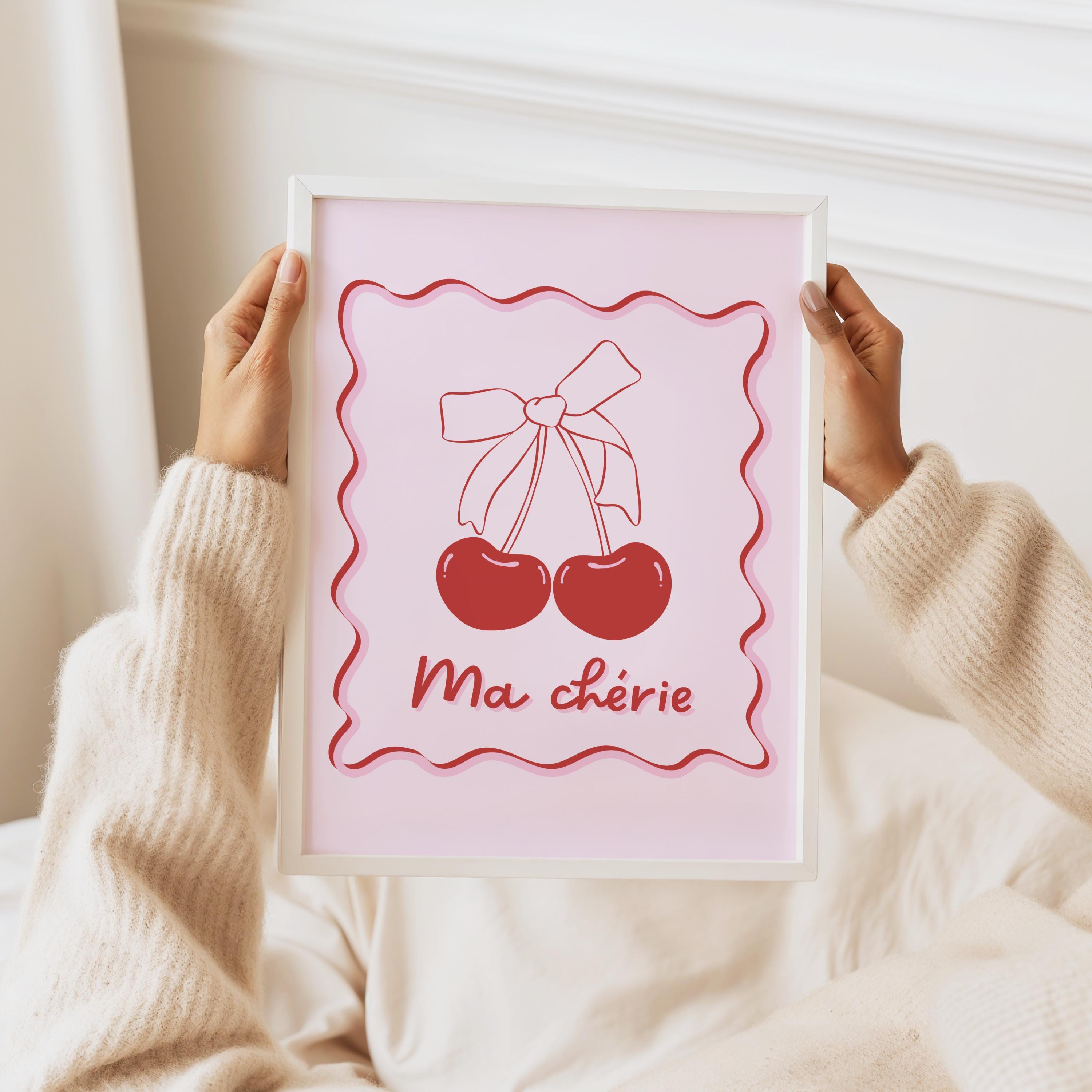 MA CHERIE Printable, French Chic Poster, Girls Bedroom Fruit Decor, Gift for Her, Wavy Border and Ribbon Aesthetic, French Phrase Download