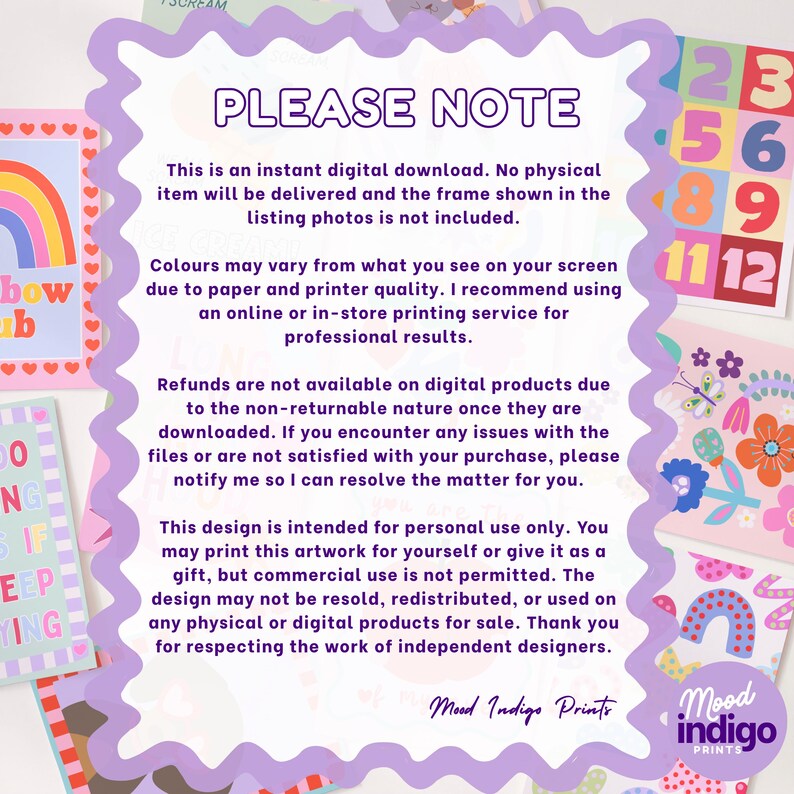 May include: A digital download print with a purple border and the text "PLEASE NOTE". The text explains the product is a digital download, color variations, and refund policies. Other prints with rainbows, numbers, and flowers are visible.