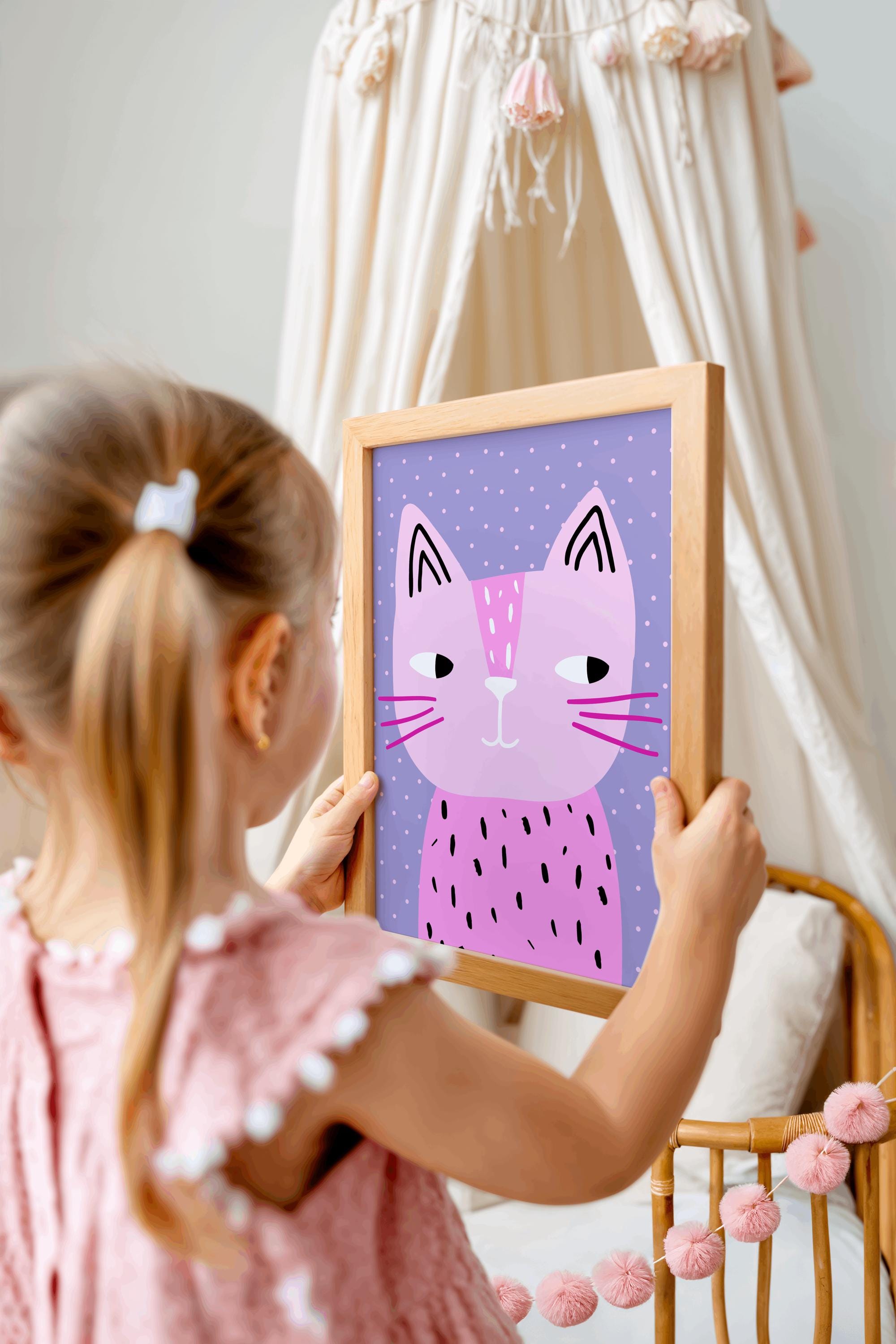 Pink Cat Printable Wall Art | Cute Cat Kids Room Decor | Whimsical ...