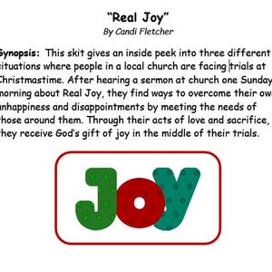 May include: A white background with the title "Real Joy" and author Candi Fletcher. The word "JOY" is in a red-bordered box, with green and teal letters and a red circle in the "O". Synopsis text is also included.