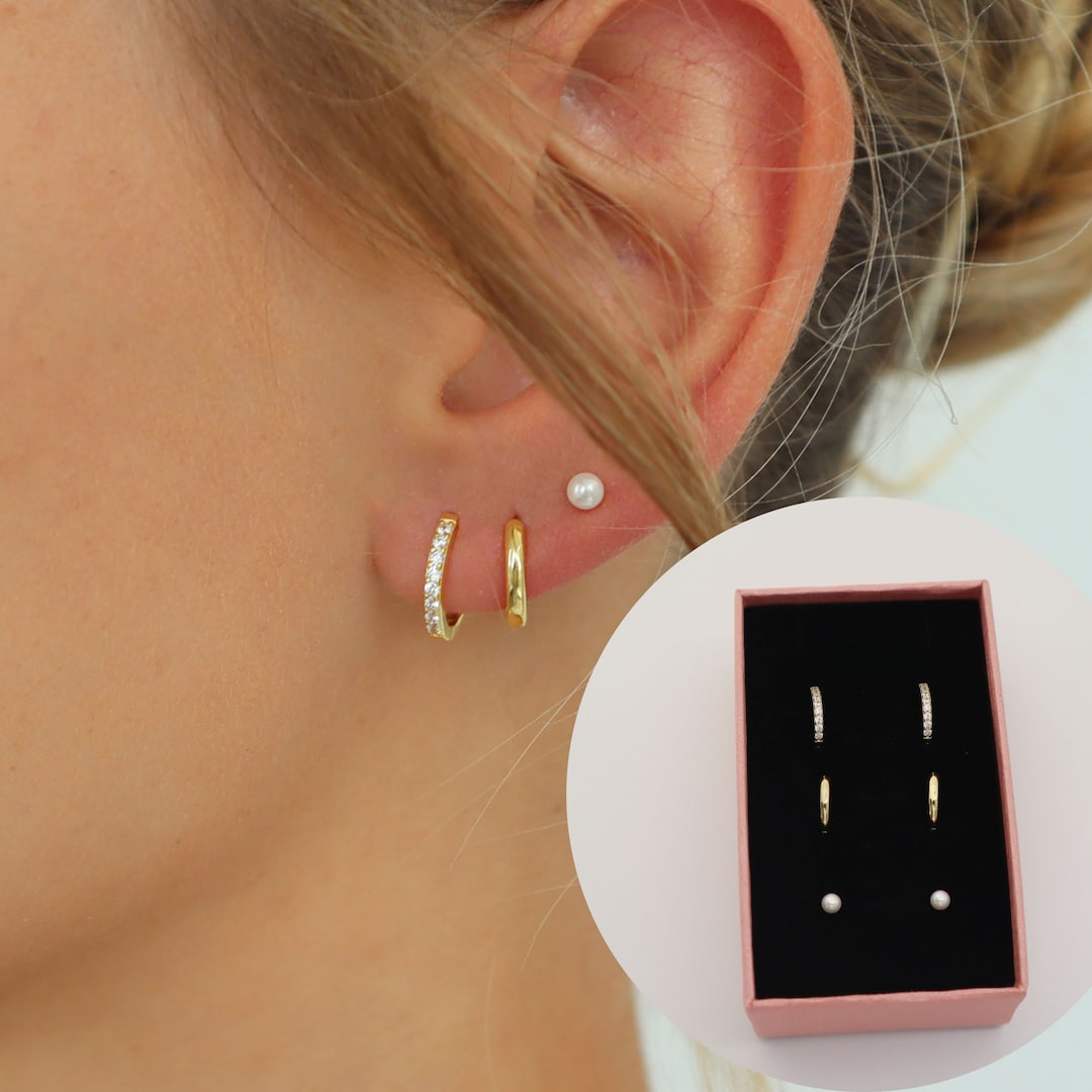Gold Earring Stack, Silver Earring Stack, Sterling Silver Earring Set ...