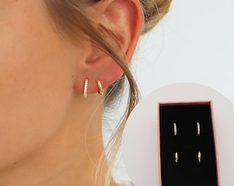 Gold Earring Stack, Gold earring set, Sterling Silver Earring Stack, Pave Hoop Earring Stack, Gift Ready, Gift for her