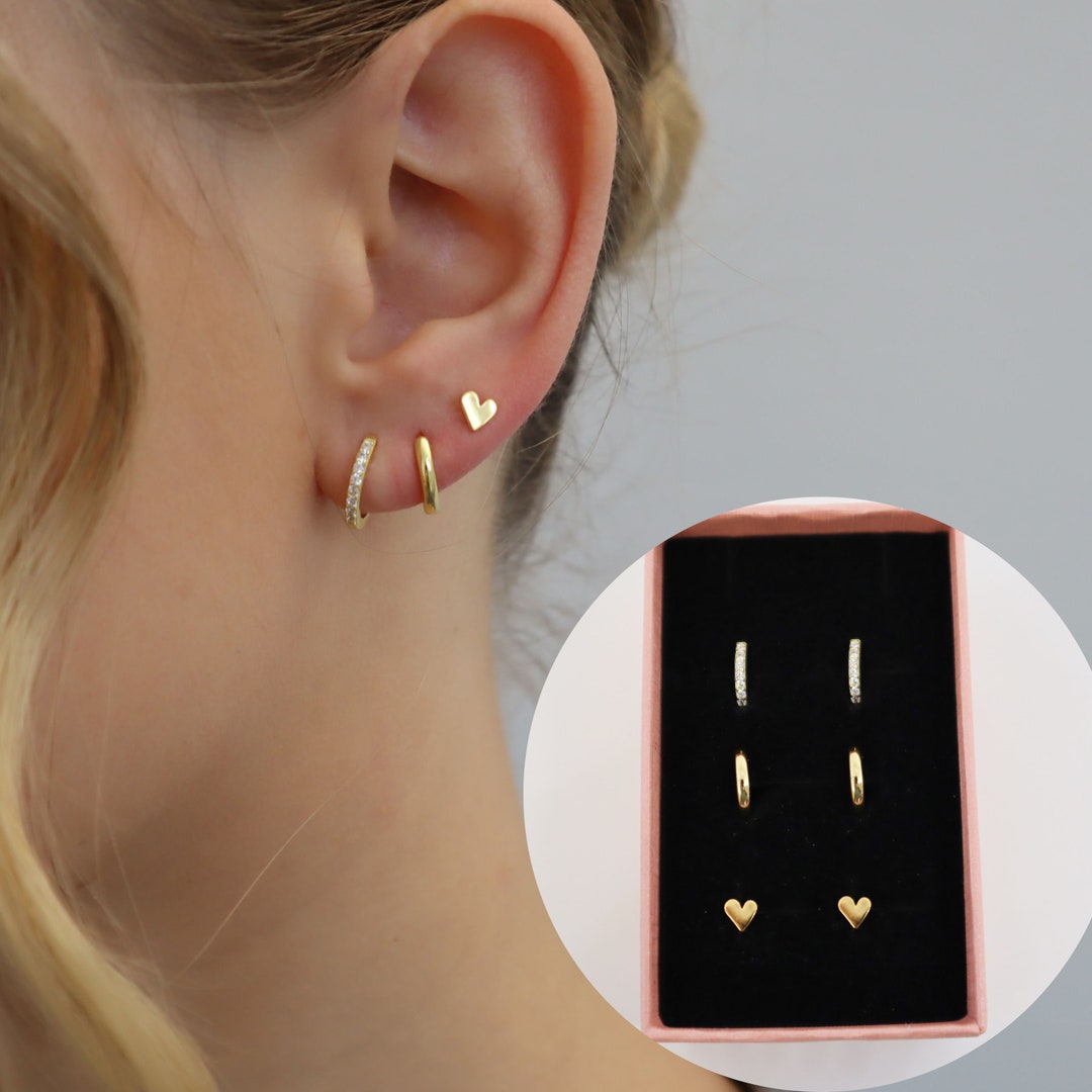 Gold Earring Stack, Silver Earring Stack, Sterling Silver Earring Set, Heart Earring Stack, Gift