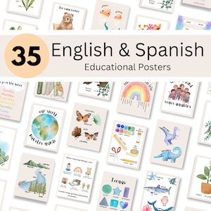 Bilingual Classroom Decor Bundle, English and Spanish Printable Wall Art for Elementary School - Calm Corner, Vocabulary, and More