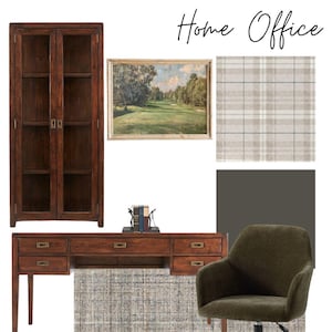 May include: A home office design featuring a wooden desk with drawers, a green upholstered office chair, a brown bookcase, a framed landscape painting, a plaid rug, and a dark grey wall.