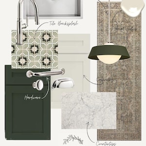 Puede incluir: Inspiración para el diseño de una cocina con gabinetes verdes, encimeras blancas, un salpicadero de azulejos con patrones y un fregadero de acero inoxidable. El diseño también incluye herrajes, una lámpara y muestras de colores de pintura.