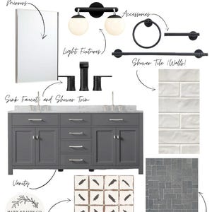 Puede incluir: Un concepto de diseño de baño principal con un tocador gris, una encimera de mármol y accesorios negros. El diseño incluye un espejo, un grifo de lavabo y varias opciones de azulejos para las paredes y el suelo. El texto "Master Bath" está en la parte superior.
