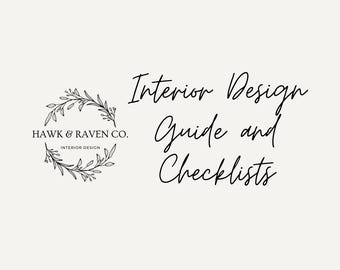 May include: Black and white illustration of a floral wreath with the text "HAWK & RAVEN CO. INTERIOR DESIGN" inside the wreath. The text "Interior Design Guide and Checklists" is written in cursive below the wreath.