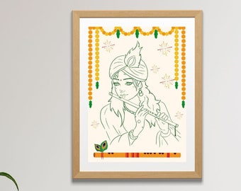 Minimalistischer Hindu Gott Lord Krishna druckbare Wandkunst | Indische Wandmalereien | Spiritueller digitaler Download Kunst | Hare Krishna Liebhaber Geschenke