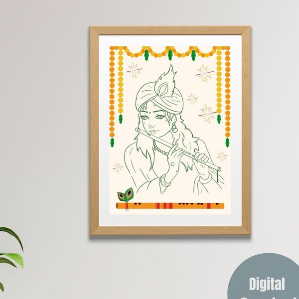 Minimalist Hindu God Lord Krishna Printable Wall Art | Indian Wall Paintings | Spiritual Digital Download Art | Hare Krishna Lover Gifts