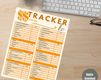 May include: A financial tracker sheet with an orange and cream color scheme. The title "$ TRACKER" is at the top, with categories for expenses like food, shopping, and entertainment. The words "Digital Download" are in a circle in the bottom right corner.