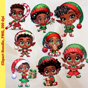 African American Elves, Christmas Clipart, Santa's Helper Clipart, Melanated, Dark Skin Elves Clipart, Merry Christmas, Christmas Elves, Elf