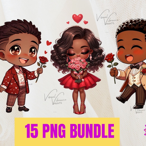 African American Valentines Kids PNG Bundle, Black Boy PNG, Black Girl PNG, Melanated, clipart png bundle, afro blackgirl clipart, chibi