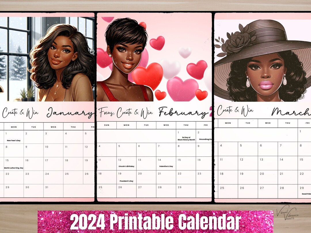 2024 Printable Calendar, Black Woman Calendar, African Wallart, 2024