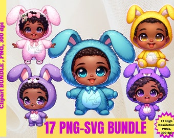 African American Chibi Bunny Clipart Bundle: Kids in Bunny Costumes (PNG, SVG)