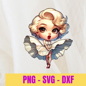 Loira em um vestido PNG, Marilyn Monroe Chibi PNG, arquivo SVG, design de sublimação, clipart de mulheres, clipart de garotas bonitas, arte digital png
