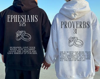 Christian Couple Hoodies, Couple Matching Sweatshirt, Bible verse on the sleeve, Proverbs 31 Matching Sweatshirts, Anniversary Gifts for Him