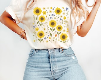 Sunflower Shirt Comfort Colors Vintage Flowers TShirt, Wildflowers Watercolor T Shirt, Sunflower Shirt, Floral Tee Shirt, Flower Shirt
