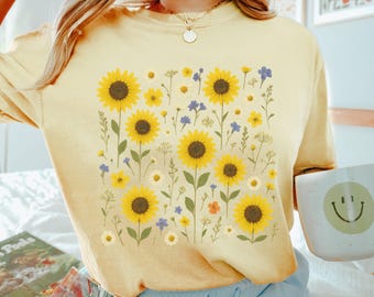 Sunflower Shirt Comfort Colors Vintage Flowers TShirt, Wildflowers Watercolor T Shirt, Sunflower Shirt, Floral Tee Shirt, Flower Shirt