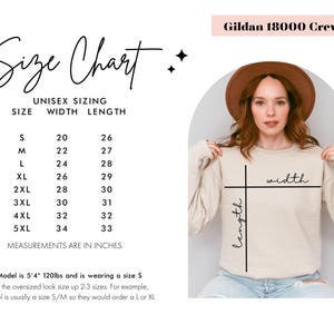 May include: Size chart for Gildan 18000 Crewneck sweatshirts. The chart shows unisex sizing in inches for sizes S through 5XL. The chart lists width and length measurements for each size. A model is wearing a size S sweatshirt.