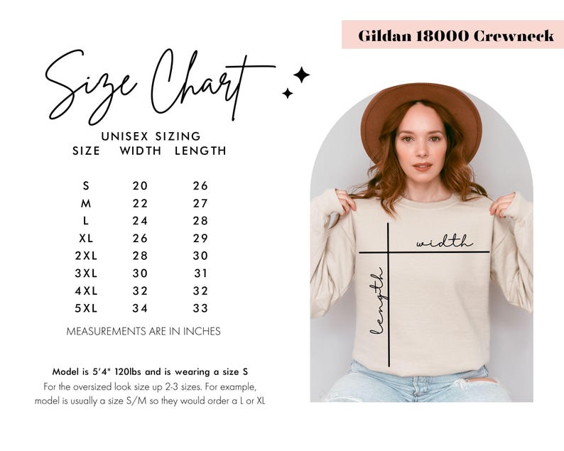 May include: Size chart for Gildan 18000 Crewneck sweatshirts. The chart shows unisex sizing in inches for sizes S through 5XL. The chart lists width and length measurements for each size. A model is wearing a size S sweatshirt.