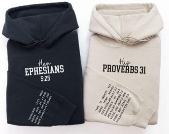 Christian Couple Hoodies, Couple Matching Sweatshirt, Bible verse on the sleeve, Proverbs 31 Matching Sweatshirts, Anniversary Gifts for Him