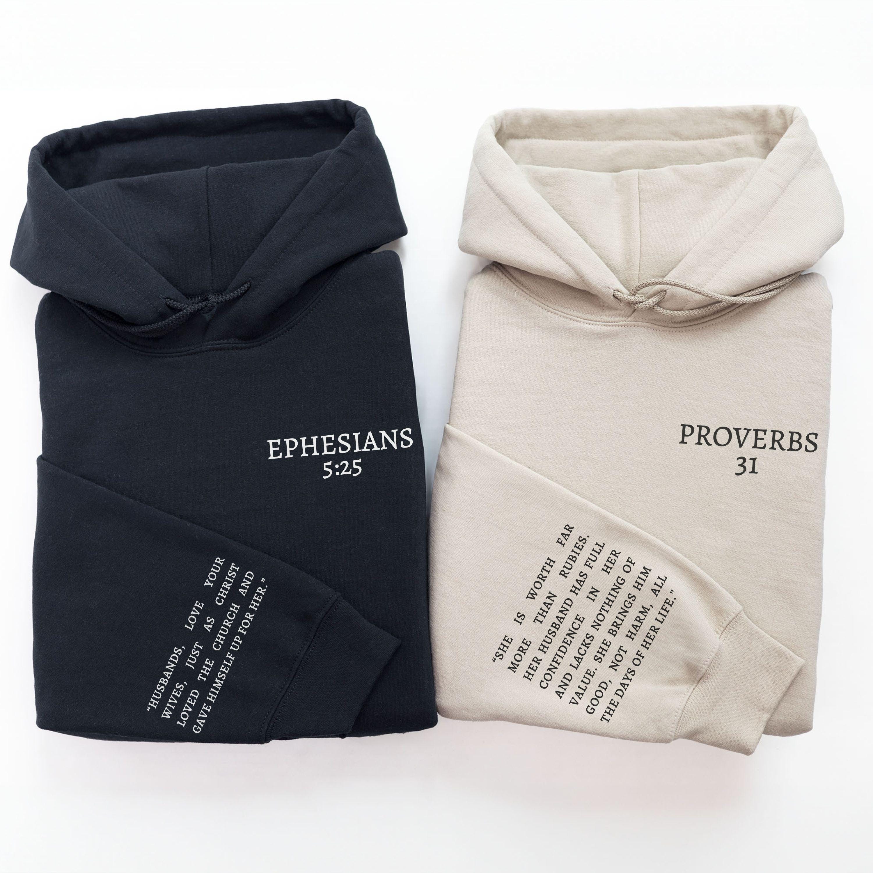 Christian Couple Hoodies, Couple Matching Sweatshirt, Bible verse on the sleeve, Proverbs 31 Matching Sweatshirts, Anniversary Gifts for Him