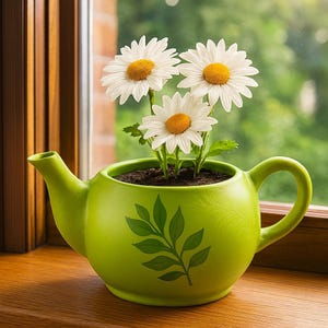 May include: A green ceramic teapot-shaped planter with a leaf design, holding three daisies with white petals and yellow centers. The planter sits on a wooden windowsill, with a blurred green background.