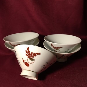 Vintage Japanese Rice Bowls, beautiful white China with Hand Psinted Vegetables and Characters, Set of 5