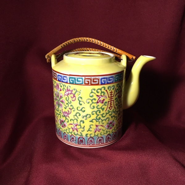 Vintage Yellow Famille Rose Jaune Pattern Teapot  Bamboo Handles, Yellow