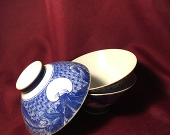 Vintage Japanese Bowls in Blue and White with Radishes, Set of 3