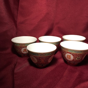 Vintage Red Fishtail Sake/Rice Cups set of 5