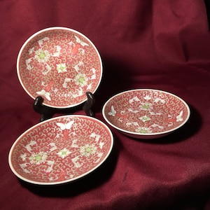 Vintage Jingdezhen China Red Enamel with Turquoise Chrysanthemum/Butterfly Porcelain Set of 3