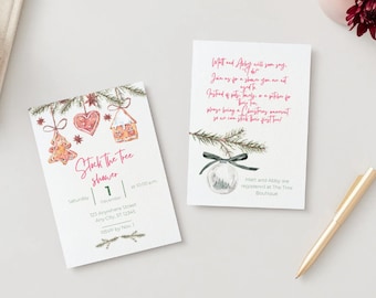 May include: A Christmas tree shower invitation with a watercolor illustration of gingerbread ornaments. The invitation includes the text "Stock the Tree Shower" and details for the event, including the date, time, and location. RSVP by November 1st.