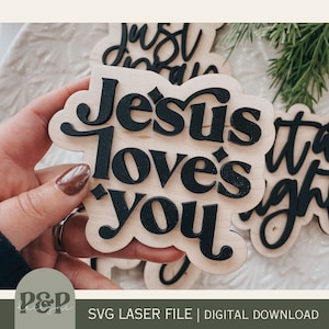 Aimant Jésus vous aime SVG | Grand fichier découpé au laser avec aimant en bois | Cadeau bricolage en bois | Téléchargement numérique | Lime laser