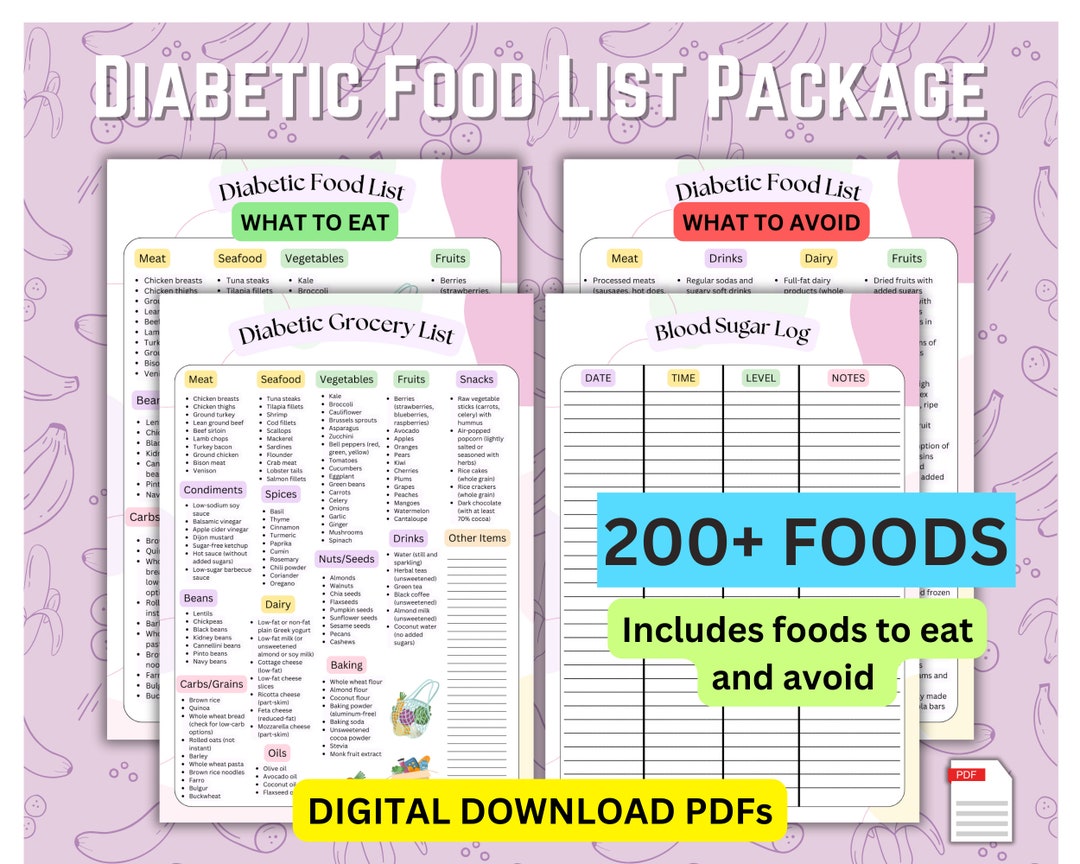 Diabetic Food List Printable ~ Blood Sugar Log ~ Type 2 Diabetes Grocery List~ Low GI Food List ...