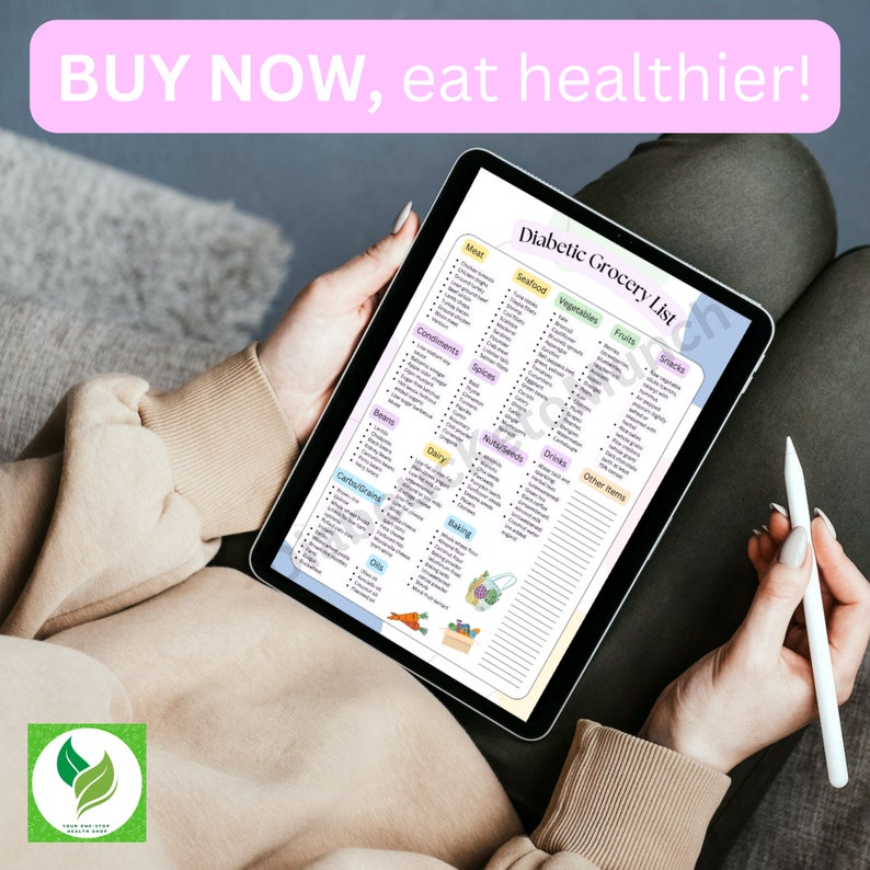 Diabetic Food List Printable, Blood Sugar Log, Type 2 Diabetes Grocery