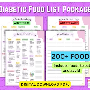 Elenco di alimenti per diabetici stampabile ~ Registro della glicemia ~ Elenco della spesa per diabete di tipo 2 ~ Elenco di alimenti a basso indice glicemico ~ Alimenti da evitare ~ Elenco della spesa per diabetici in formato PDF