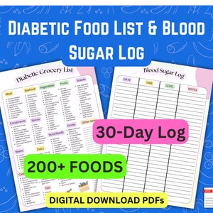 Elenco di alimenti per diabetici stampabile ~ Registro della glicemia ~ Elenco della spesa per diabete di tipo 2 ~ Elenco di alimenti a basso indice glicemico ~ Alimenti da evitare ~ Elenco della spesa per diabetici in formato PDF