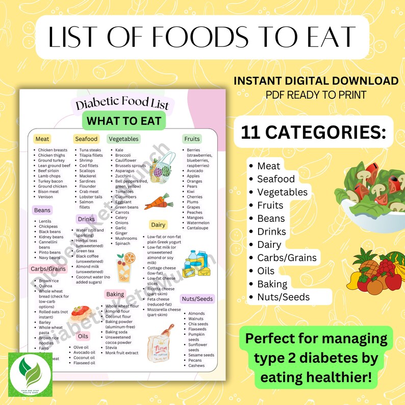 this diabetic food list of foods safe for diabetes has 11 categories. Perfect for managing type 2 diabetes and is a printable diabetic food list. keywords include: diabetic foods list, diabetes food list, diabetic log book