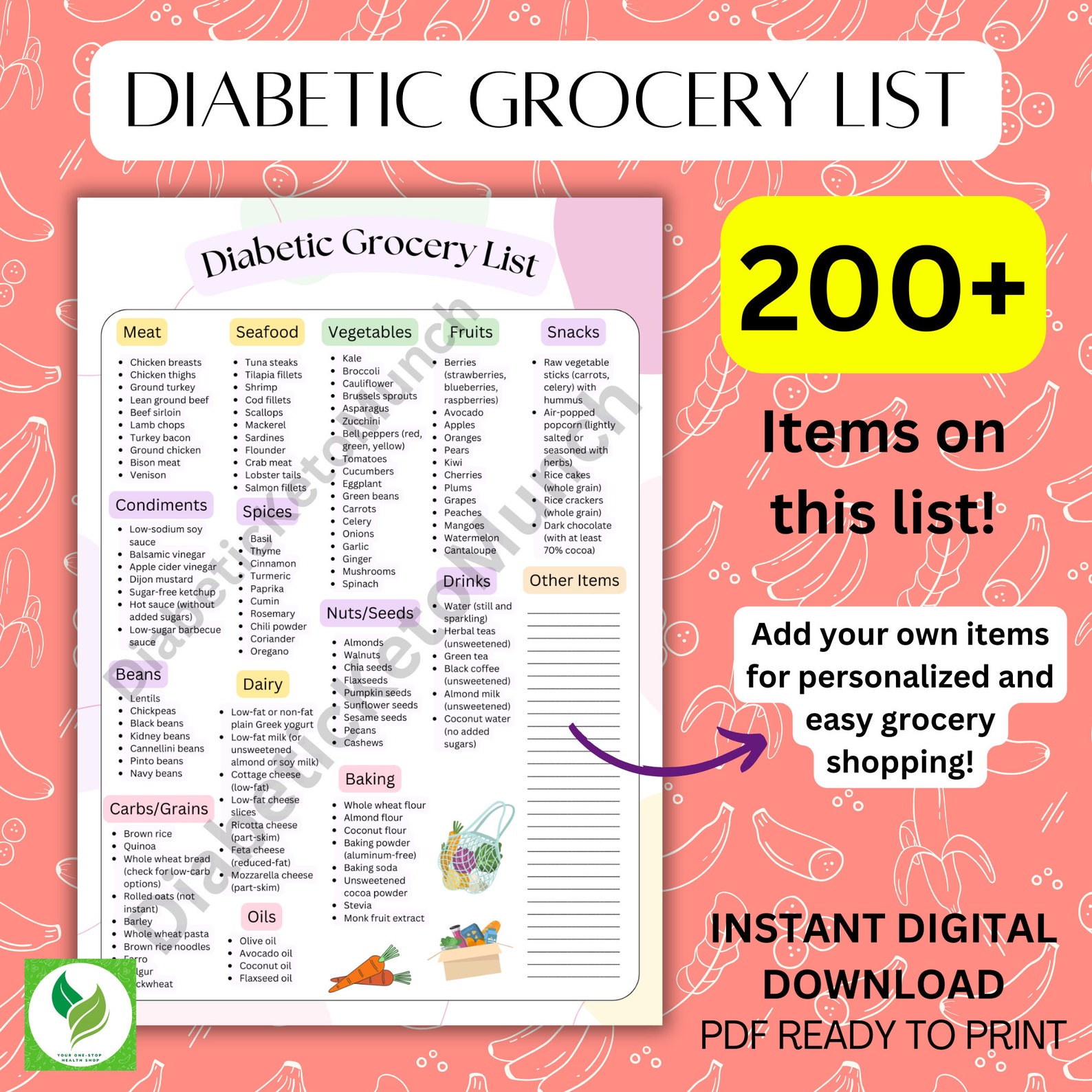 Diabetic Grocery List PDF Diabetic Food List Printable Blood Sugar Log