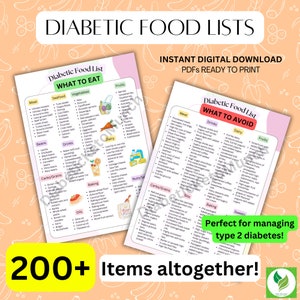 Diabetic food list includes one diabetes food list to eat and one diabetes food list of foods to avoid with diabetes. 200+ items altogether. Helps manage type 2 diabetes.