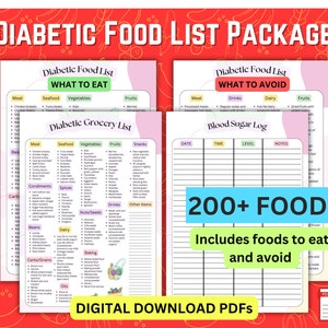 Lista della spesa per diabetici in formato PDF ~ Lista degli alimenti per diabetici stampabile ~ Registro della glicemia ~ Lista della spesa per diabetici di tipo 2 ~ Lista degli alimenti a basso indice glicemico ~ Alimenti da evitare